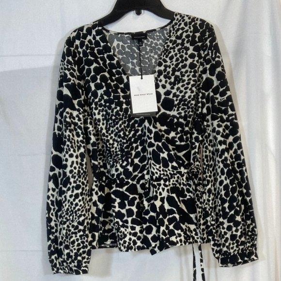 Who What Wear Womens' Leopard Print Long Sleeve Wrapped Peplum B/W Top NWT - Picture 1 of 4